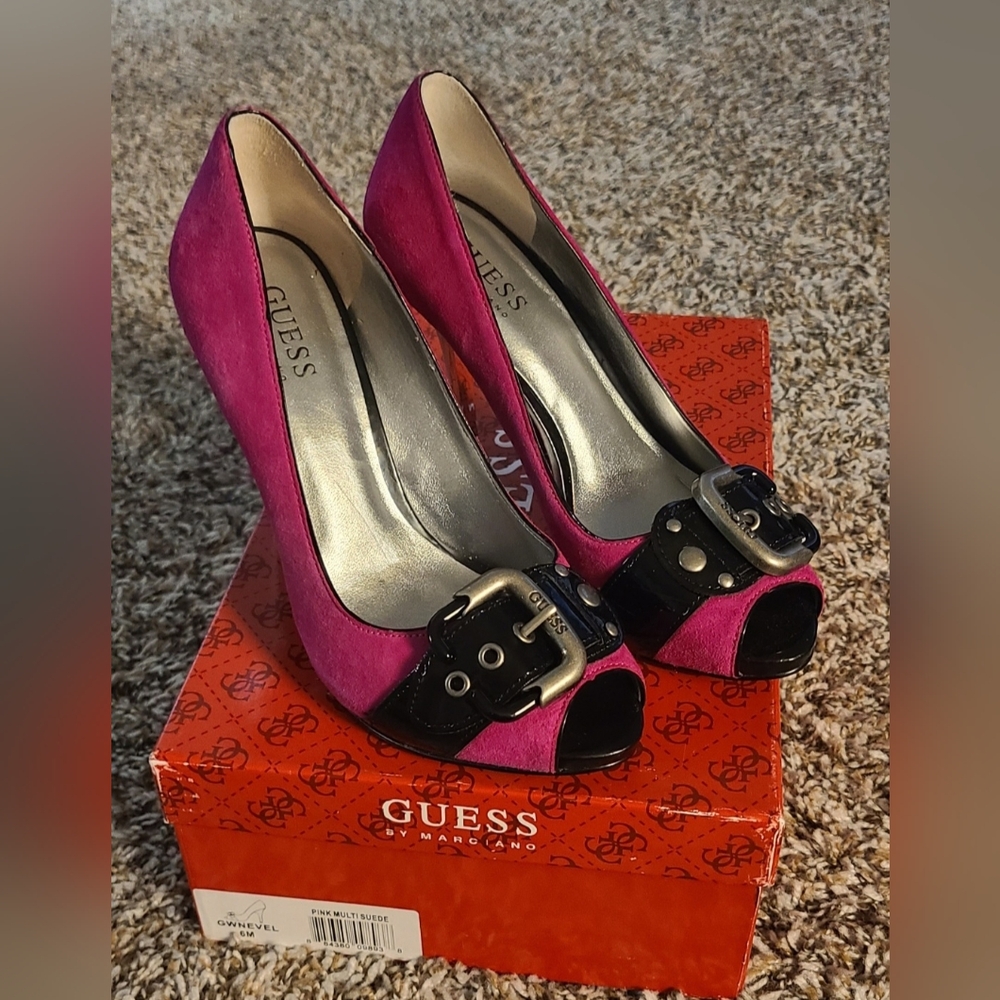 Guess Womens Size 6 4.5" Pink/black Peep Toe Stileto Heels with Buckle - NIB - Picture 5 of 5